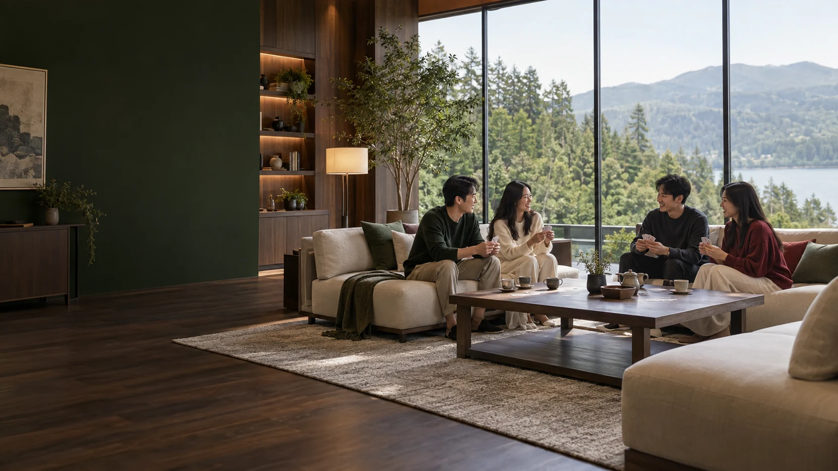 现代休闲文化空间中朋友围坐交流扑克牌的场景